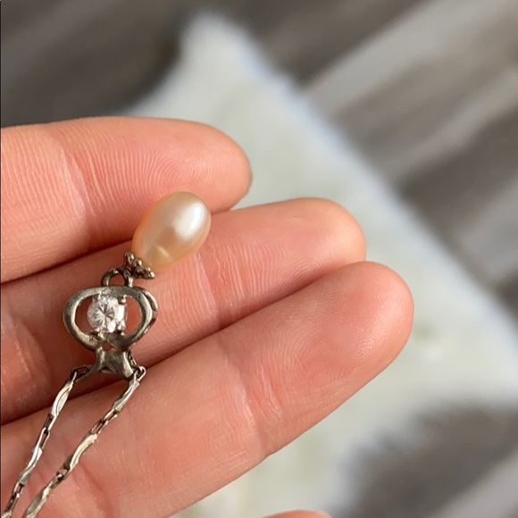 Dainty Freshwater Blush Pearl on Braided Silver Chain Necklace ft. Crystal - Picture 2 of 4